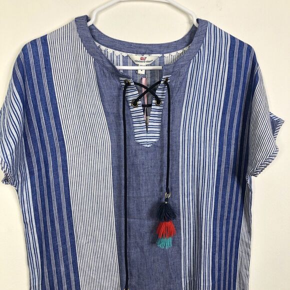 NEW Vineyard Vines Linen Striped Tassel Shift Dress in Dazzling Blue Size 4 - Picture 3 of 8
